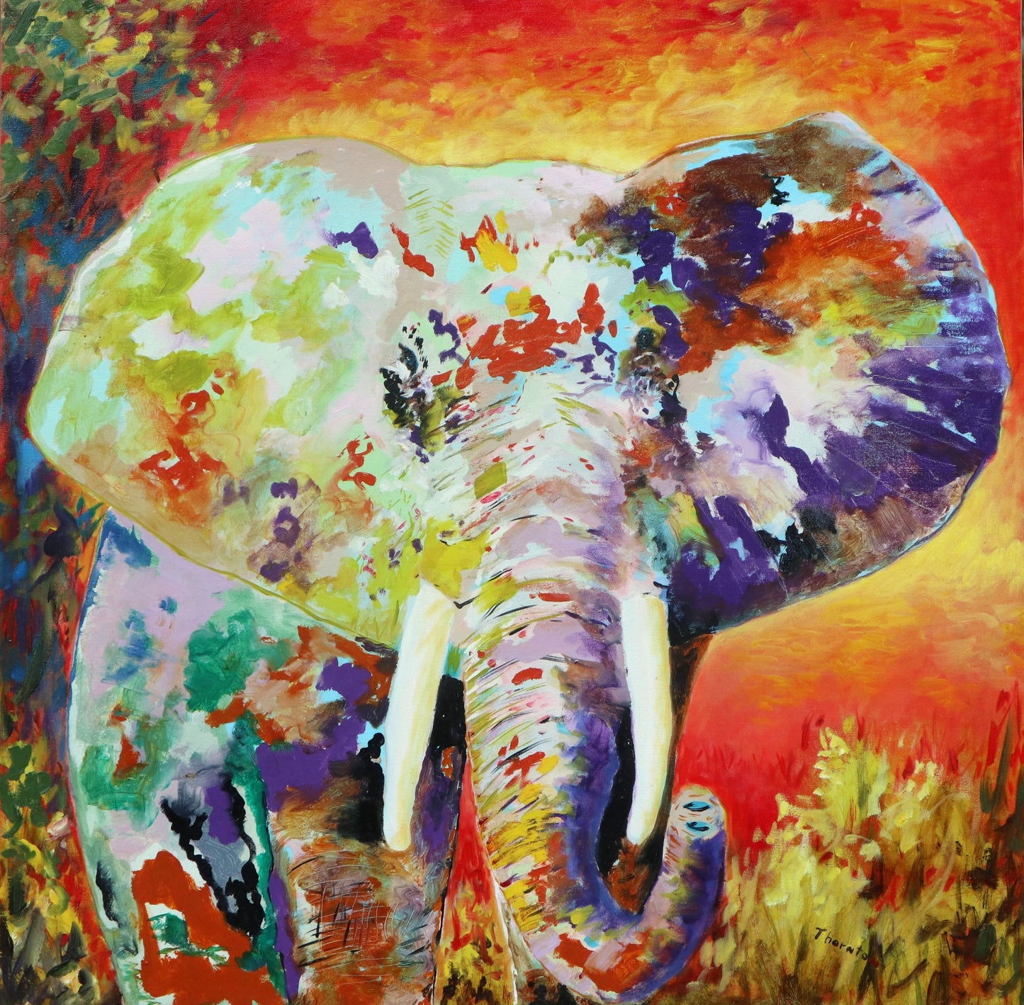 Original oil painting of a bull elephant against a fiery sky by Joel Thornton
