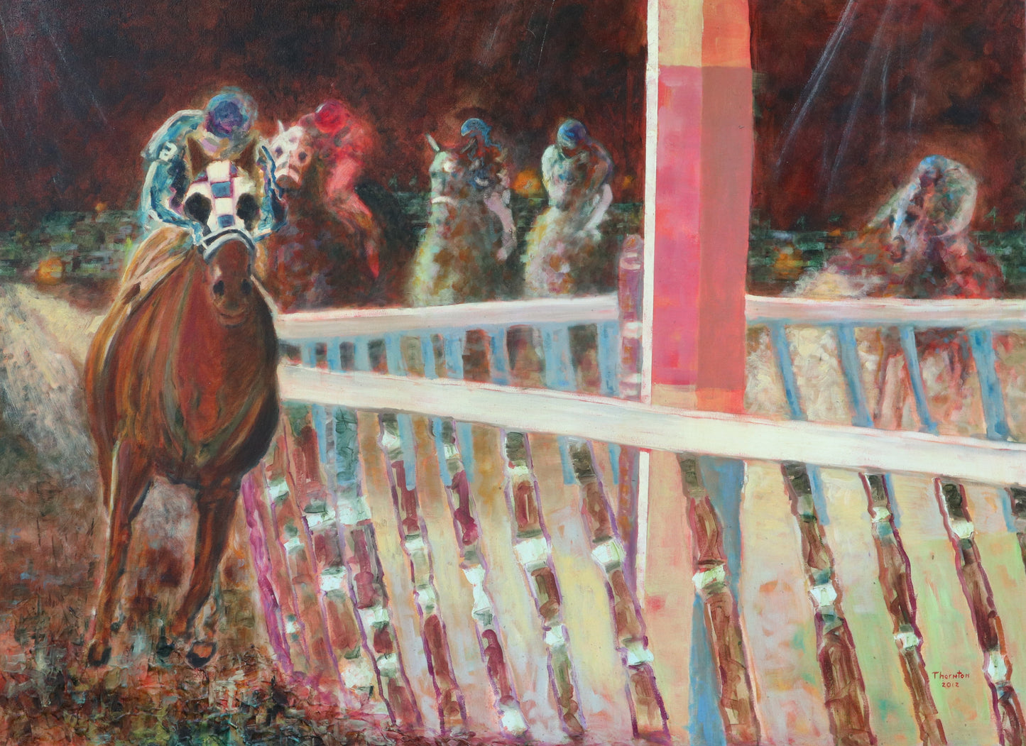 Original oil painting of a jockey and racehorse on the track by Joel Thornton