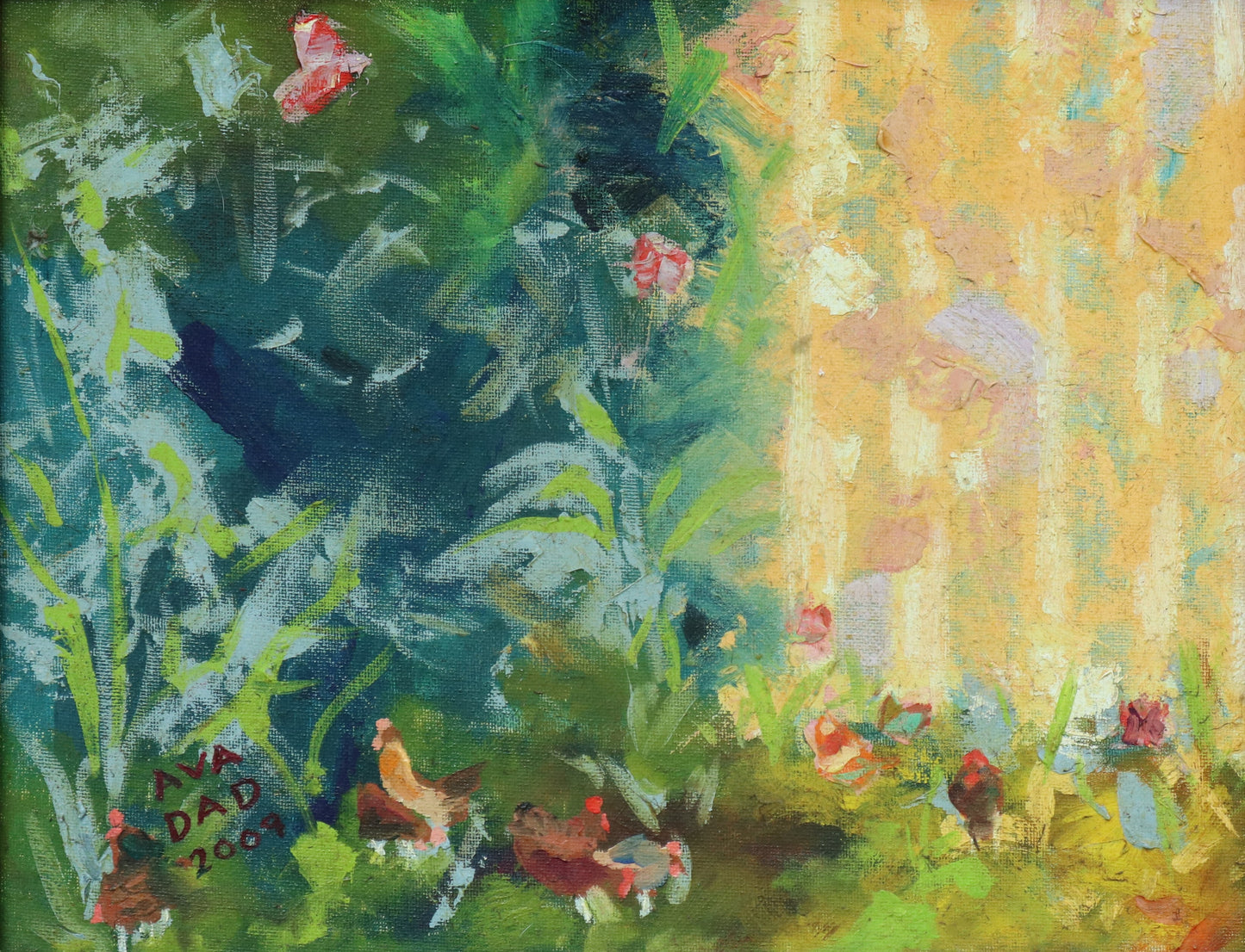 Original oil painting of chickens among roses by Joel and Ava Thornton