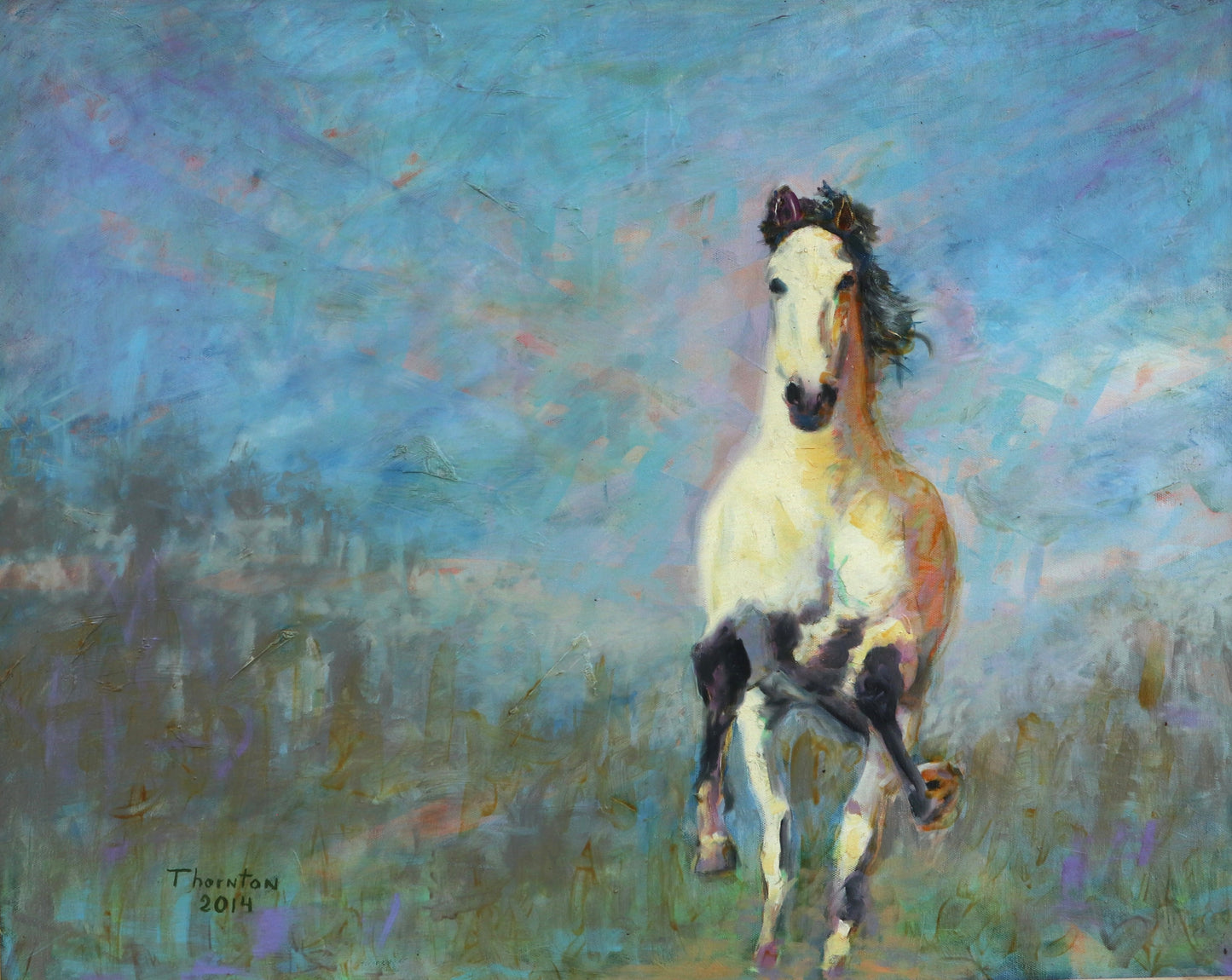 Original oil painting of a paint horse running through an open field by Joel Thornton