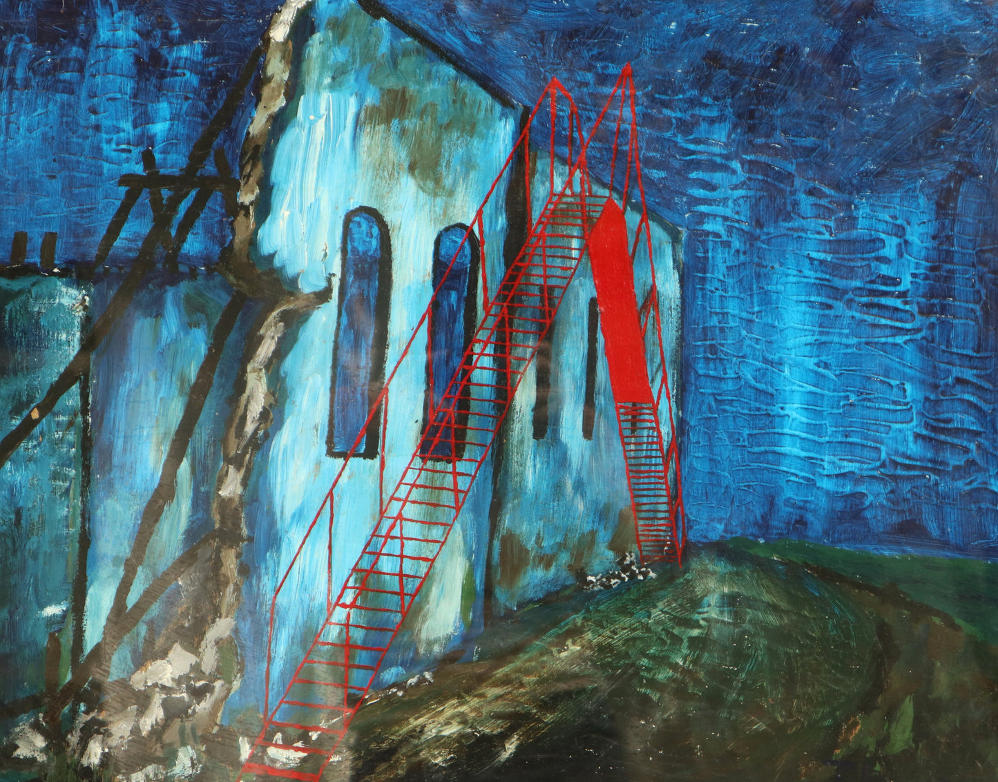 Original oil painting of a blue building with red fire escapes at night by Joel Thornton