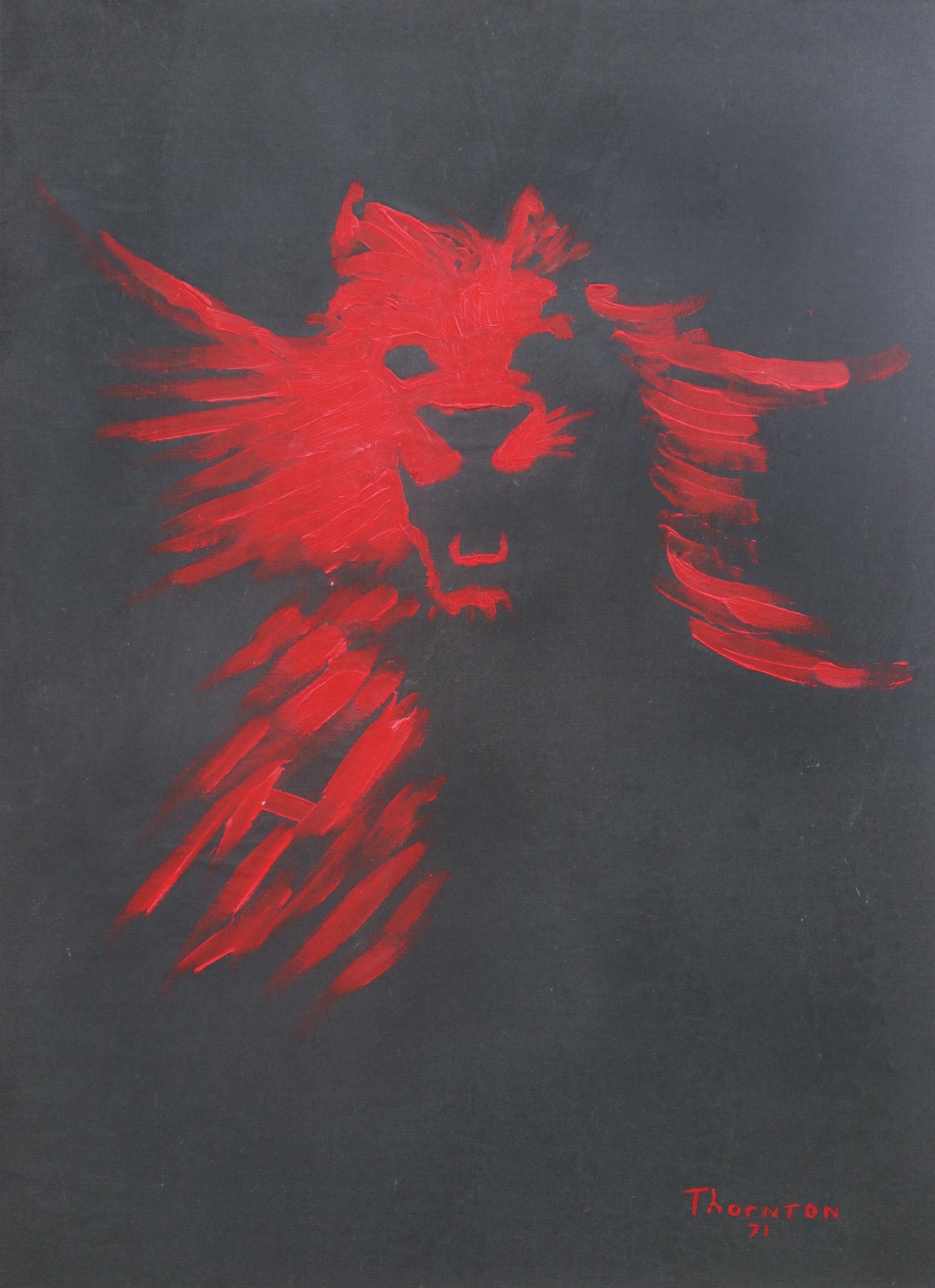 Original oil painting of a red lion's head in expressive brushstrokes by Joel Thornton