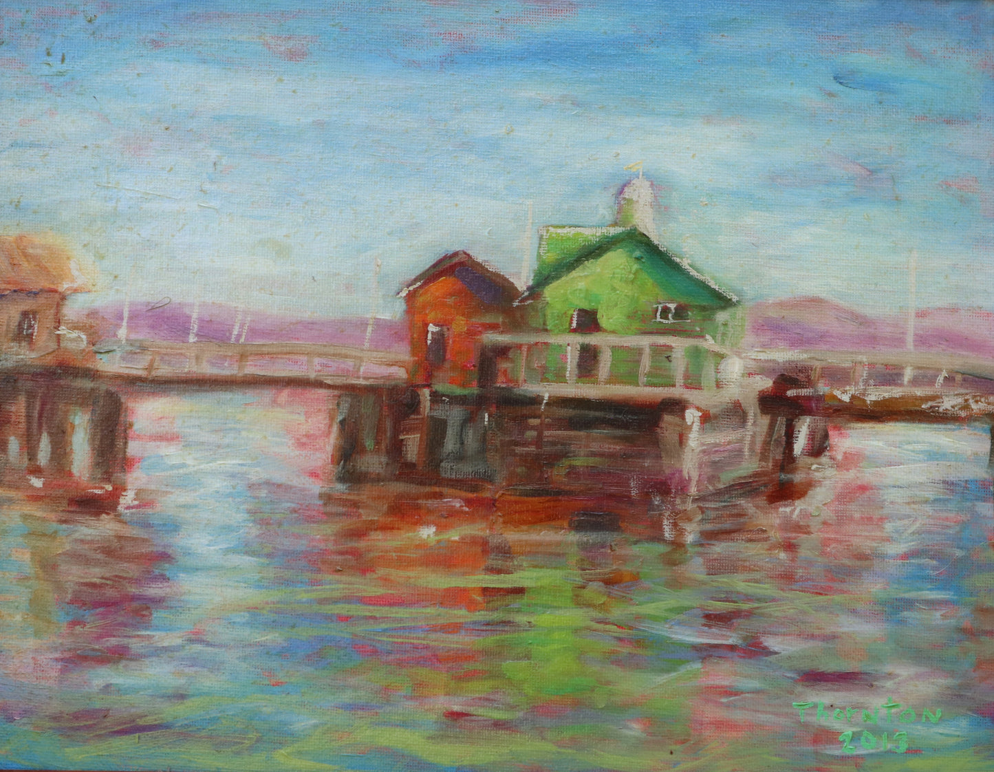 Original oil painting of a green waterfront pier and dock by Joel Thornton