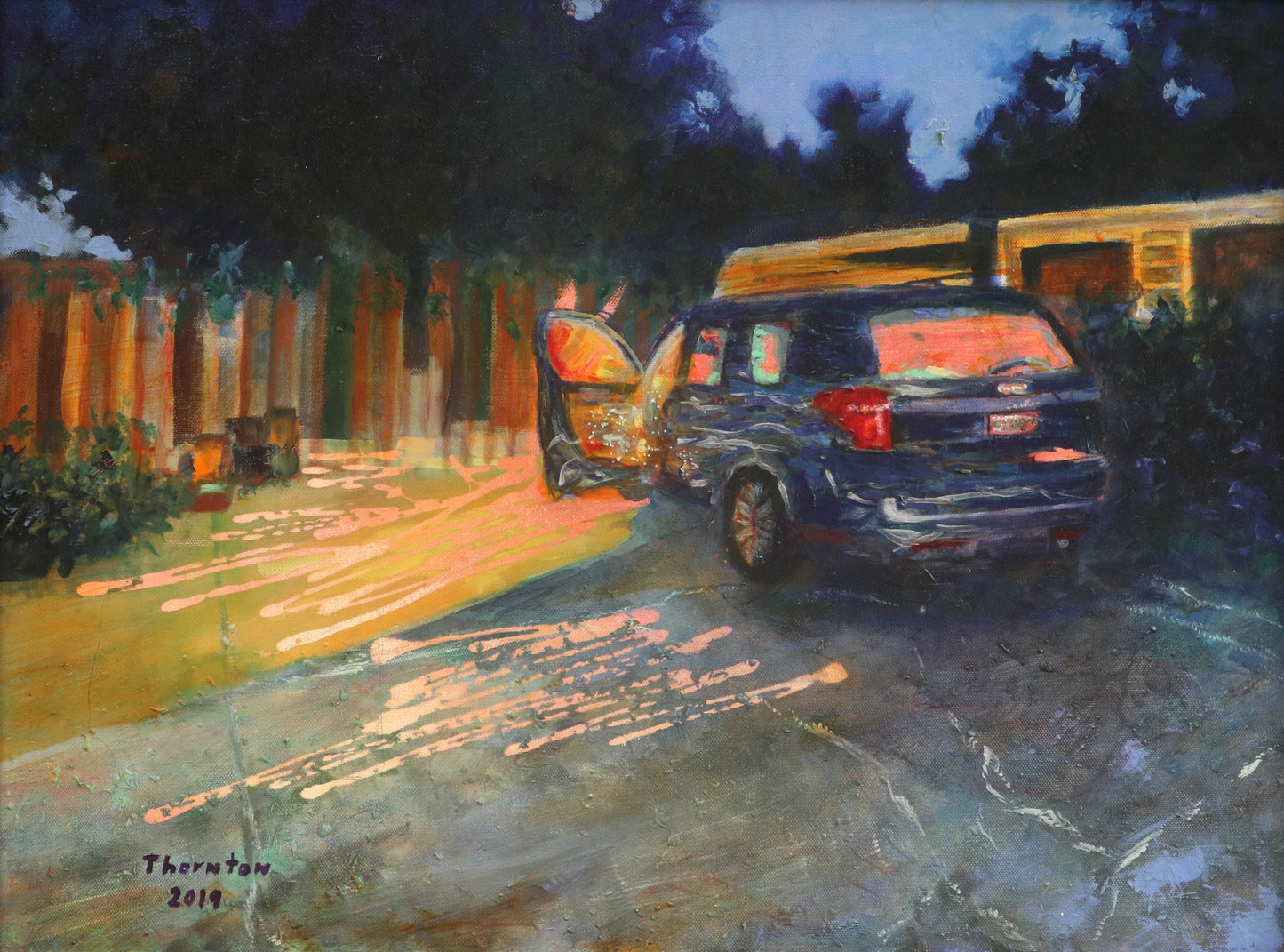 Original oil painting of a car parked at dusk with interior light glowing by Joel Thornton