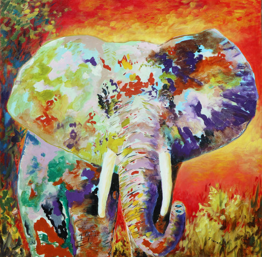 Original oil painting of a bull elephant against a fiery sky by Joel Thornton