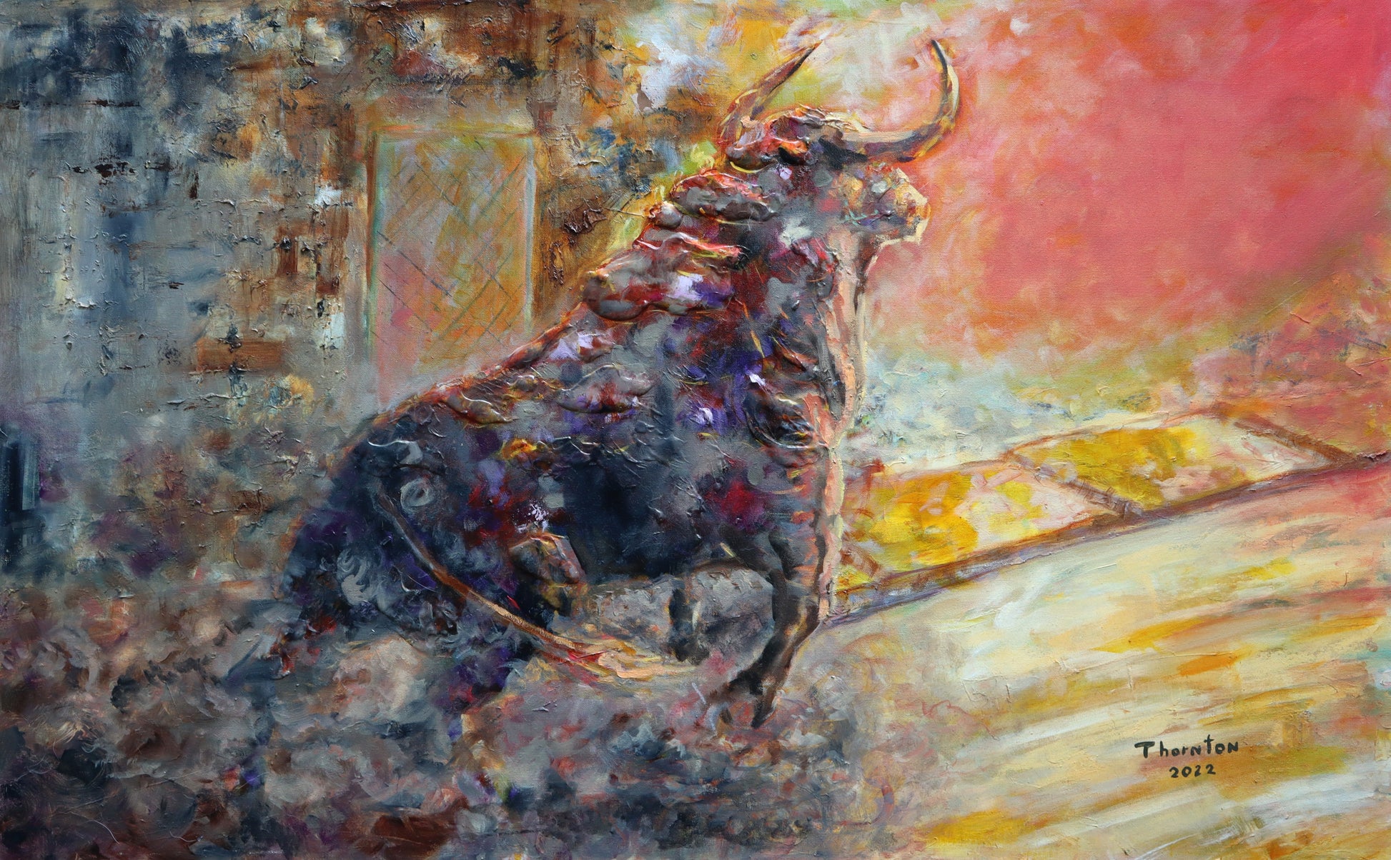 Original oil painting of a bull in a rodeo arena by Joel Thornton