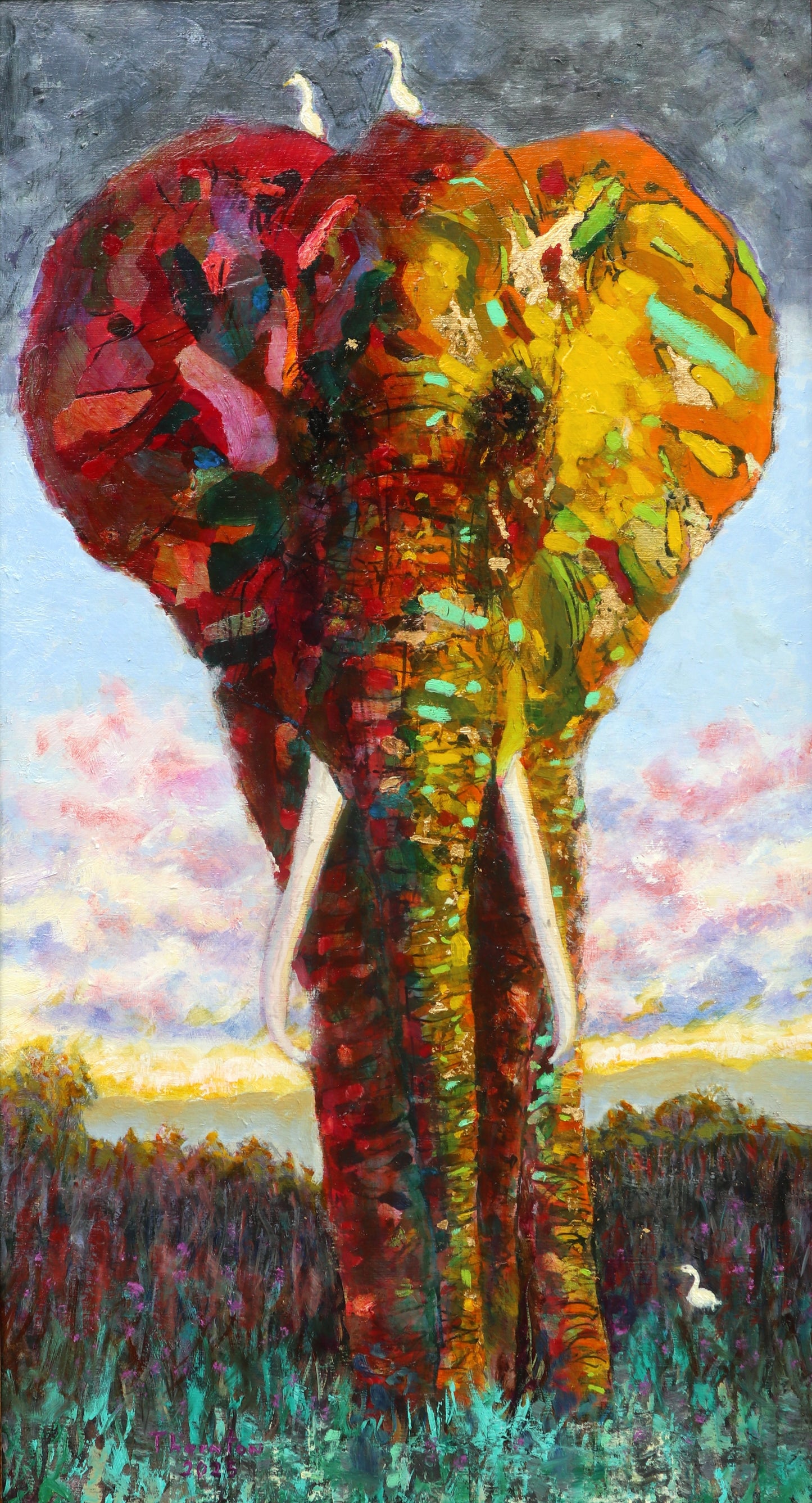 Original oil painting of a bull elephant beneath a dramatic sky by Joel Thornton