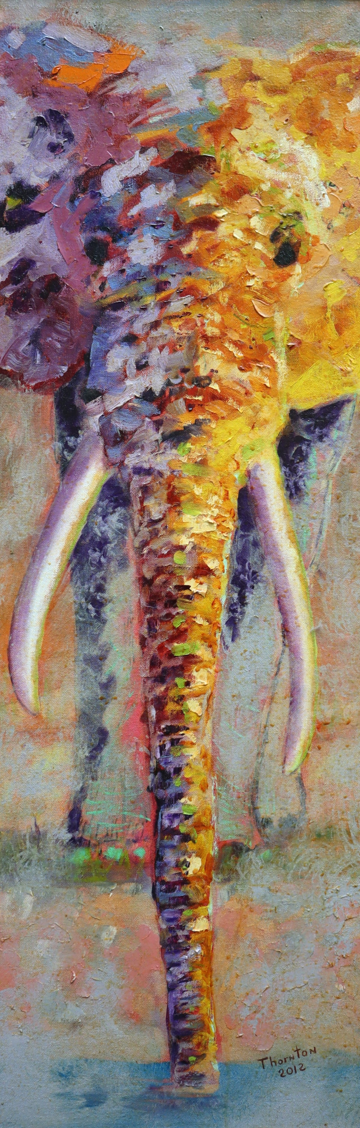 Original oil painting of an elephant's face in bold color by Joel Thornton