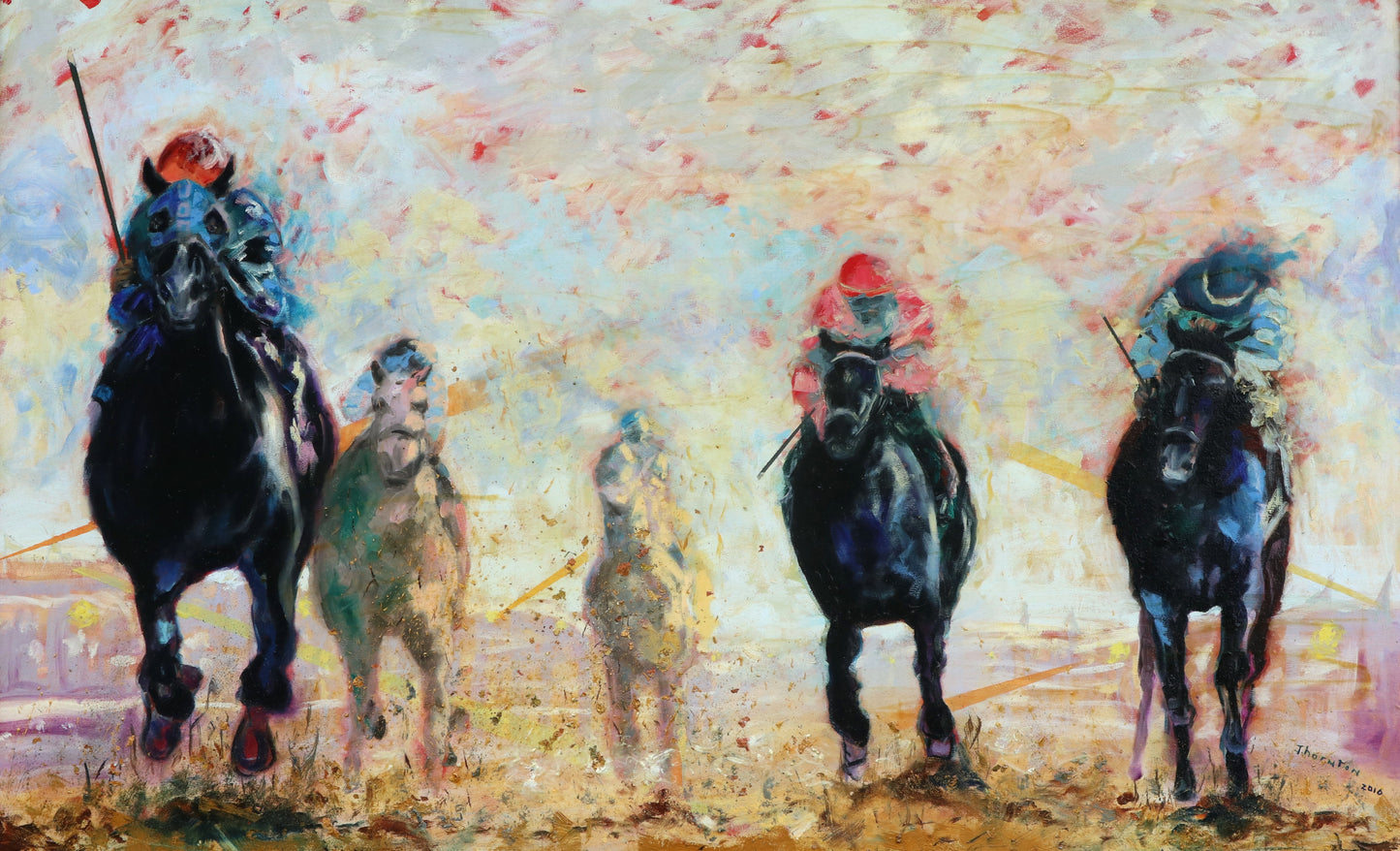 Original oil painting of four racehorses and jockeys in a close finish by Joel Thornton