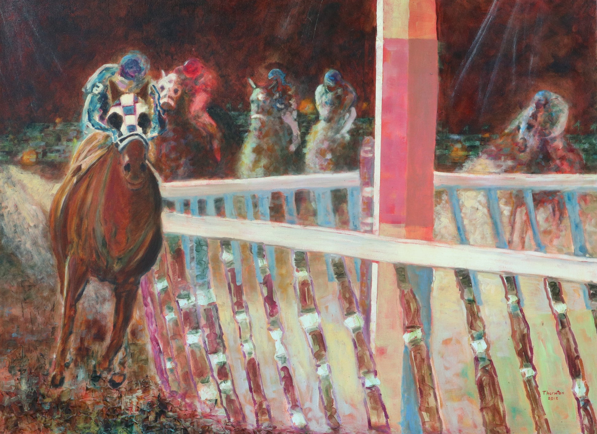 Original oil painting of a jockey and racehorse on the track by Joel Thornton