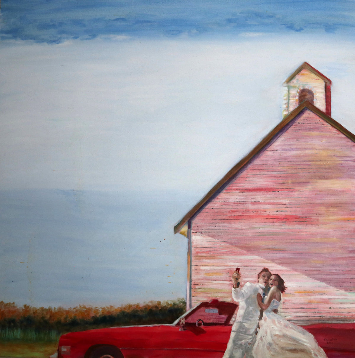 Original oil painting of a bride and groom beside a red convertible by Joel Thornton