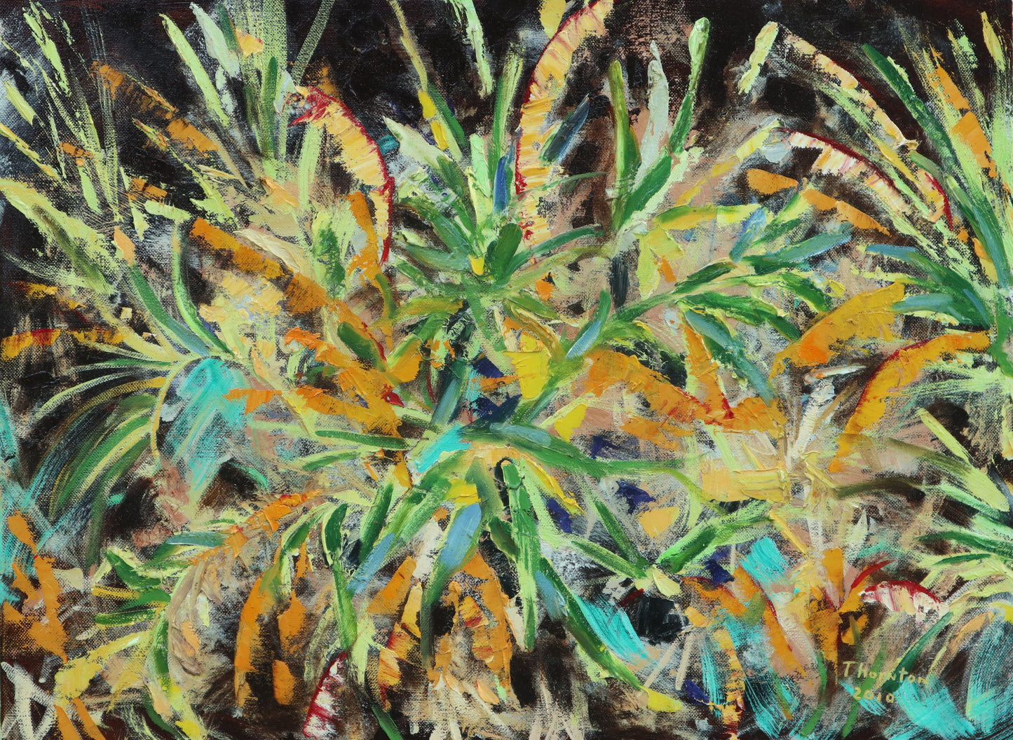 Original oil painting of palm fronds glowing against a dark night sky by Joel Thornton