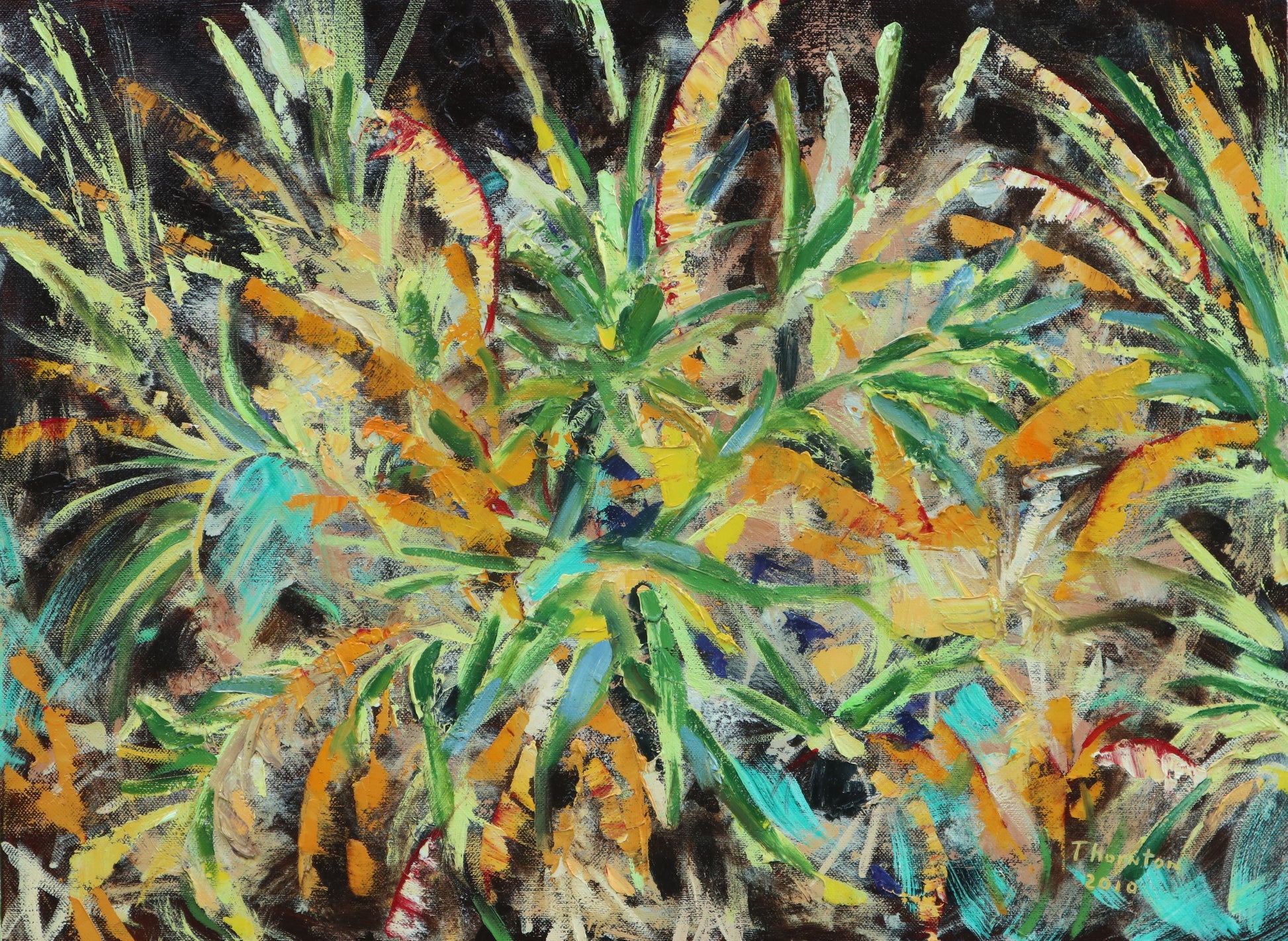 Original oil painting of palm fronds glowing against a dark night sky by Joel Thornton