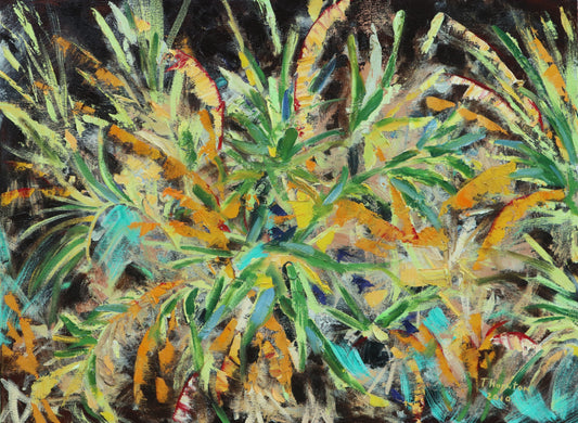 Original oil painting of palm fronds glowing against a dark night sky by Joel Thornton