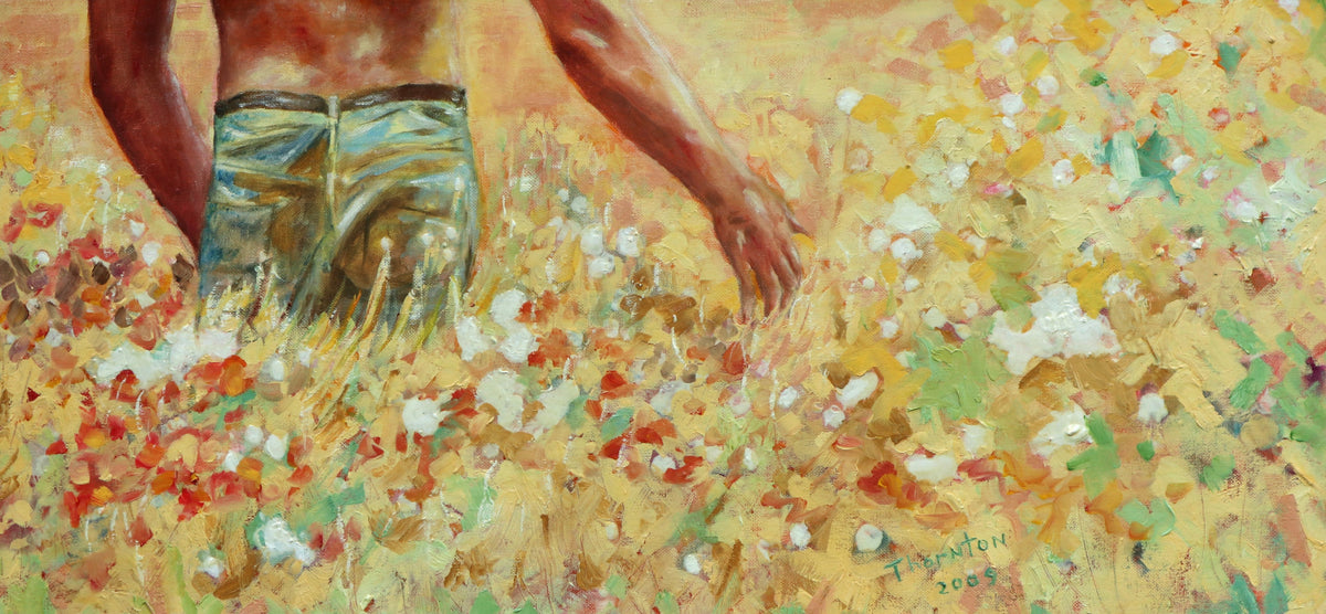 Original oil painting of a figure walking through a wildflower field by Joel Thornton
