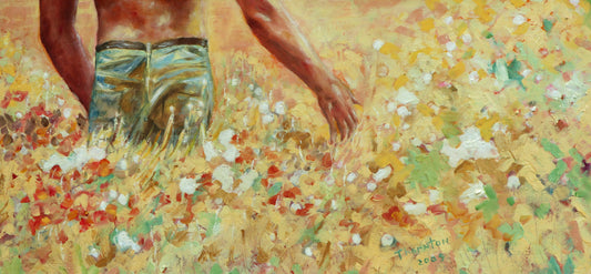 Original oil painting of a figure walking through a wildflower field by Joel Thornton