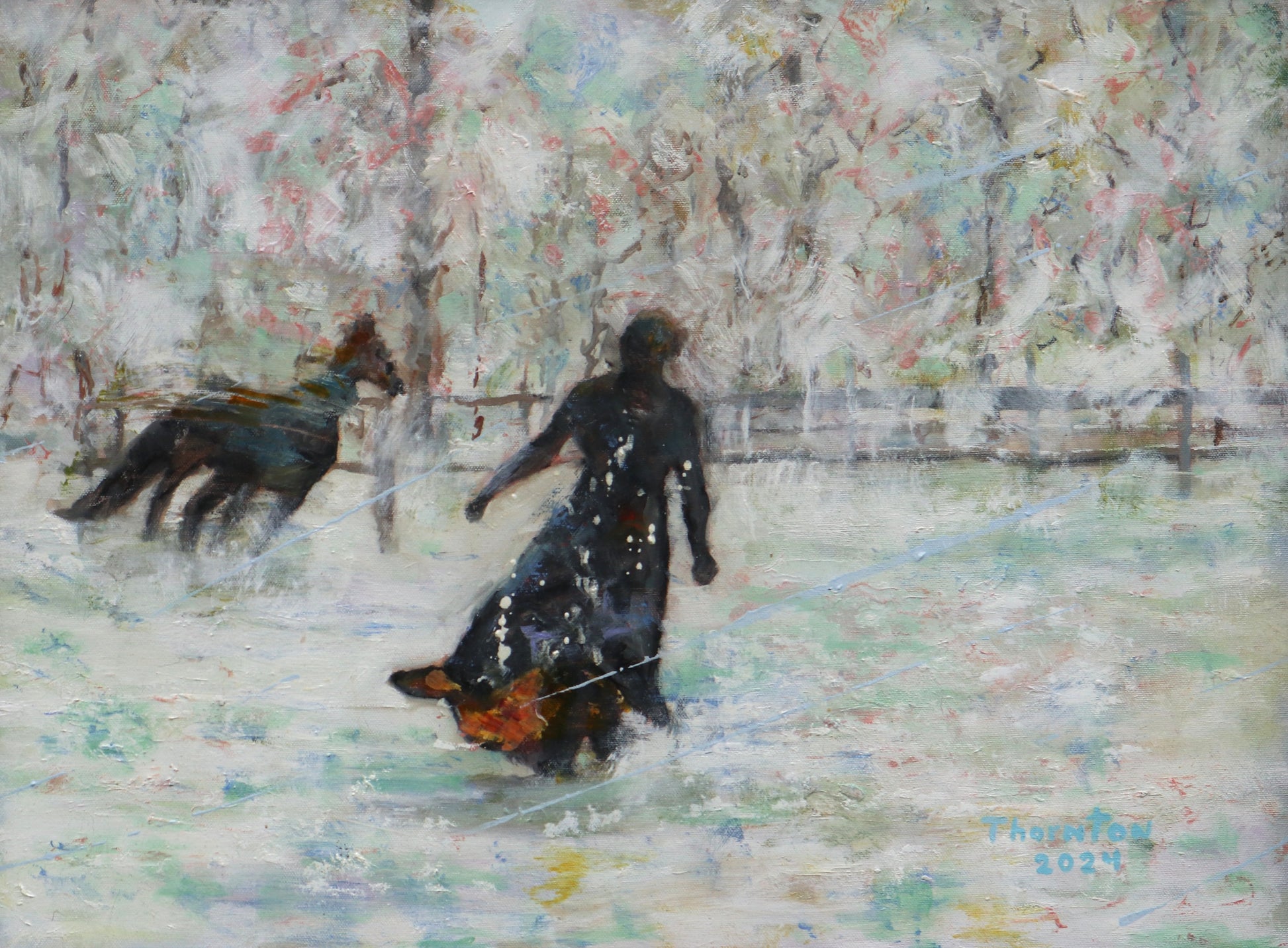 Original oil painting of a woman walking beside a horse in winter light by Joel Thornton