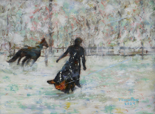 Original oil painting of a woman walking beside a horse in winter light by Joel Thornton