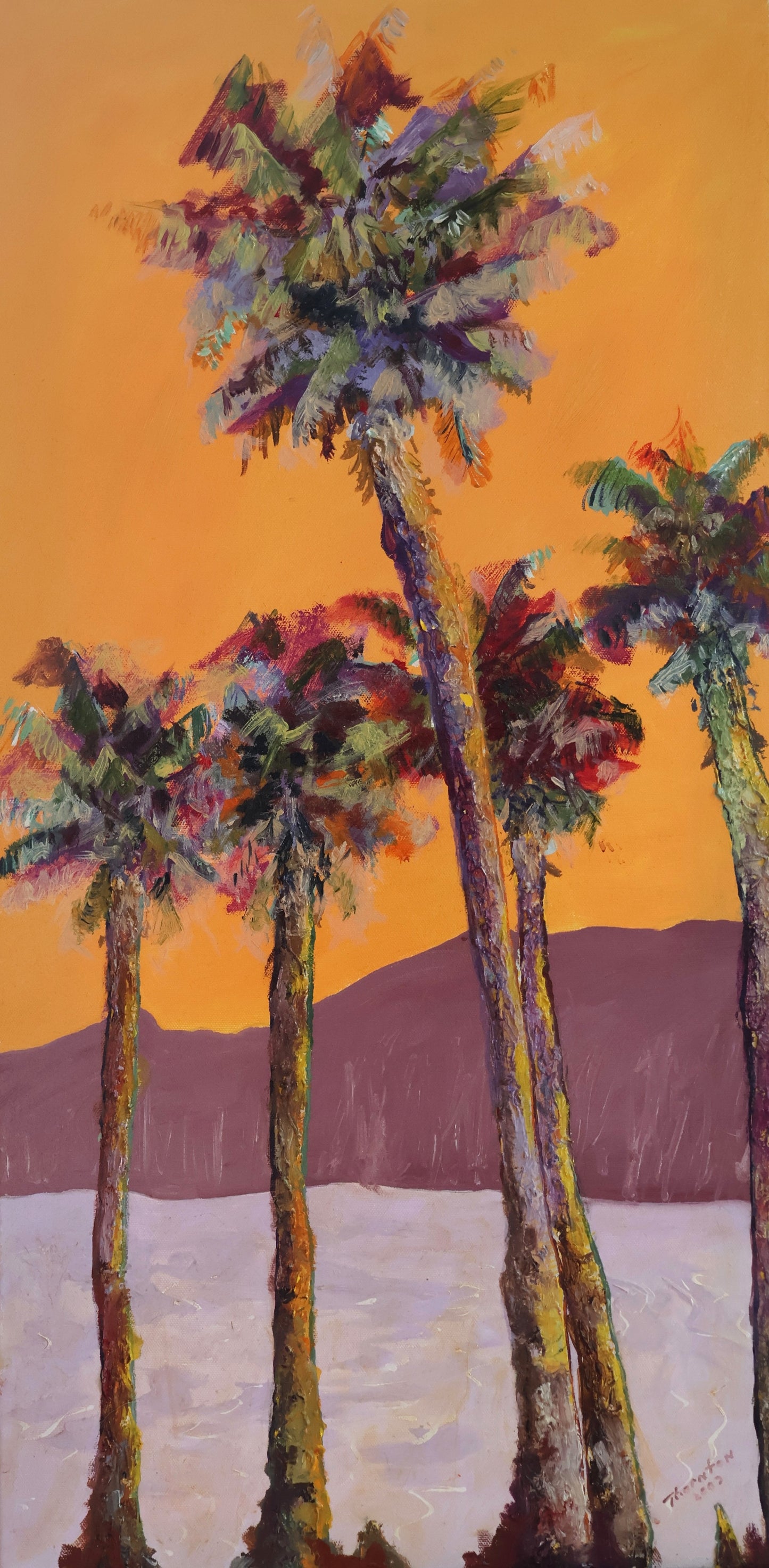 Original oil painting of palm trees silhouetted at sunset by Joel Thornton