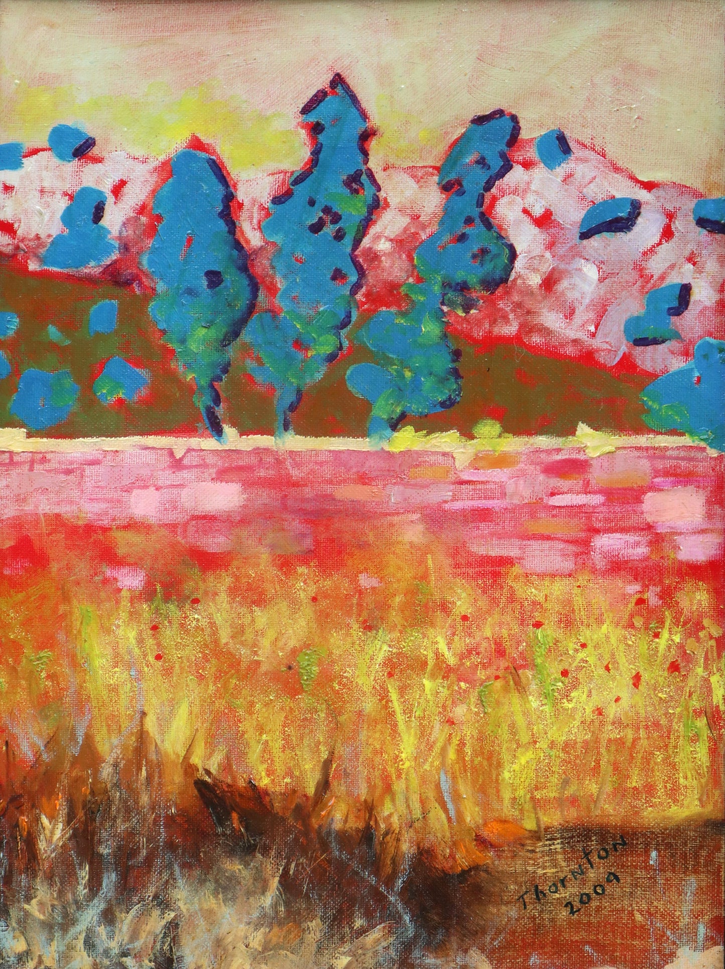 Original oil painting of a crimson and gold field landscape by Joel Thornton