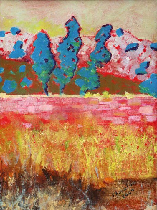 Original oil painting of a crimson and gold field landscape by Joel Thornton