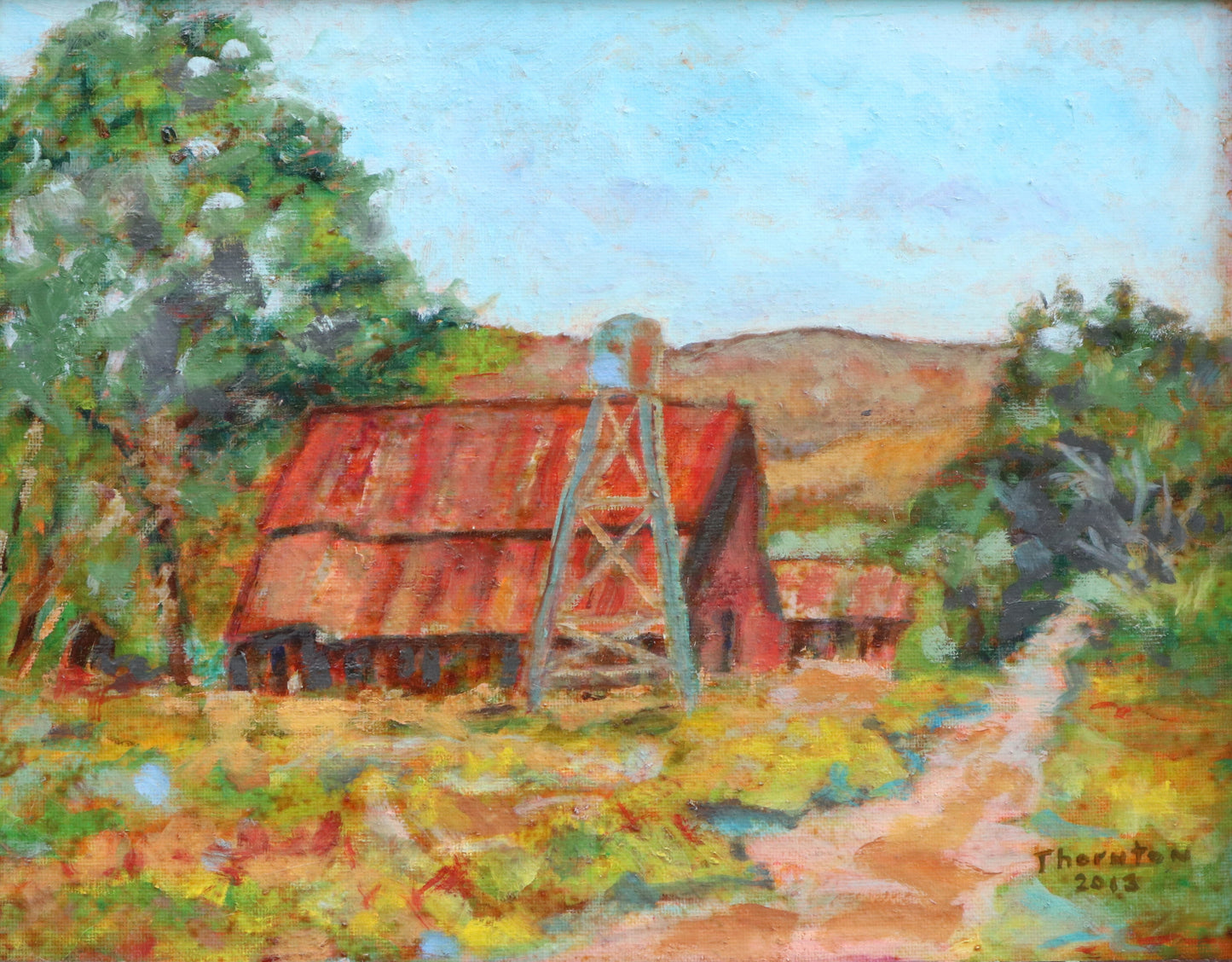 Original oil painting of a red-roofed farmhouse along a country road by Joel Thornton