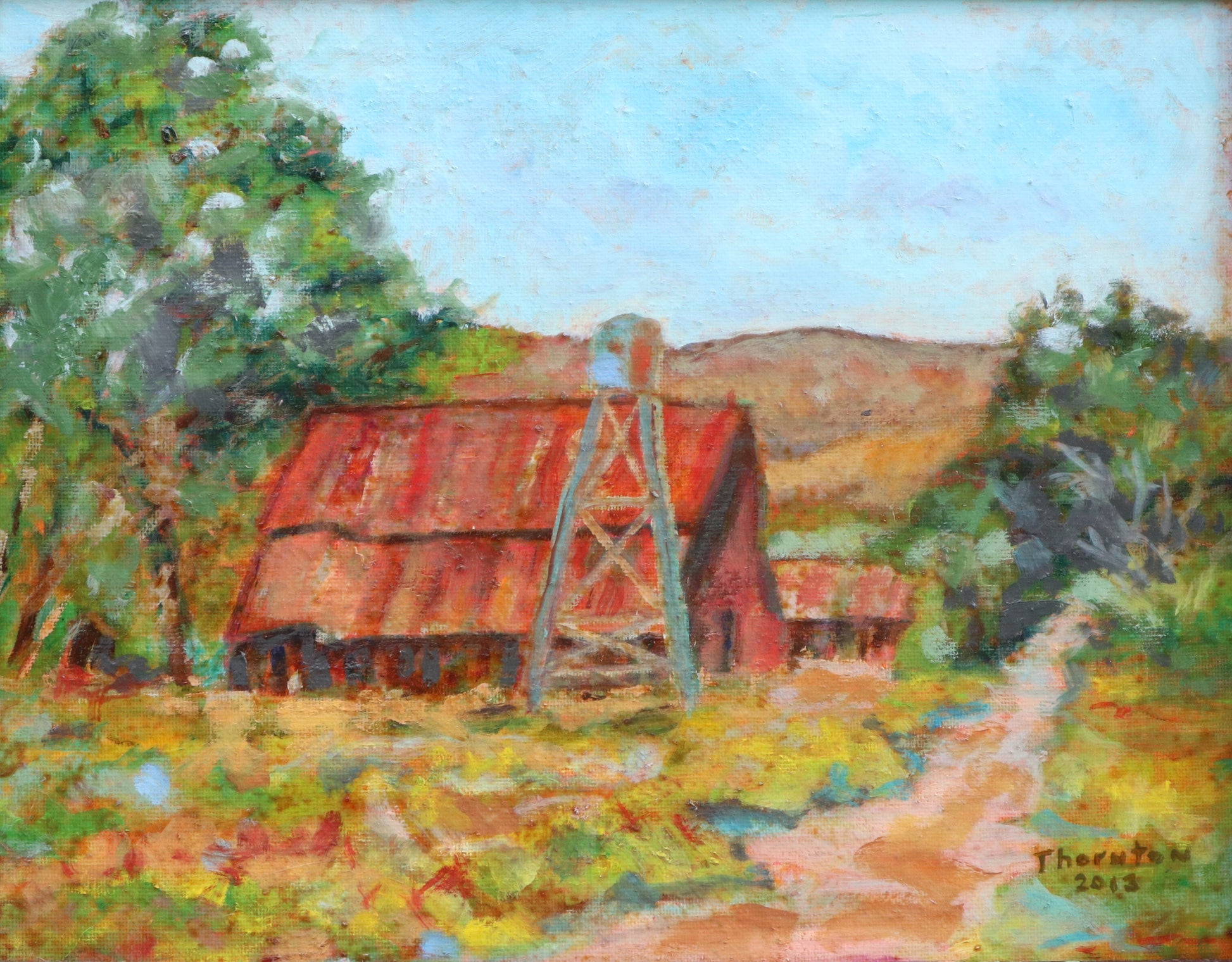 Original oil painting of a red-roofed farmhouse along a country road by Joel Thornton