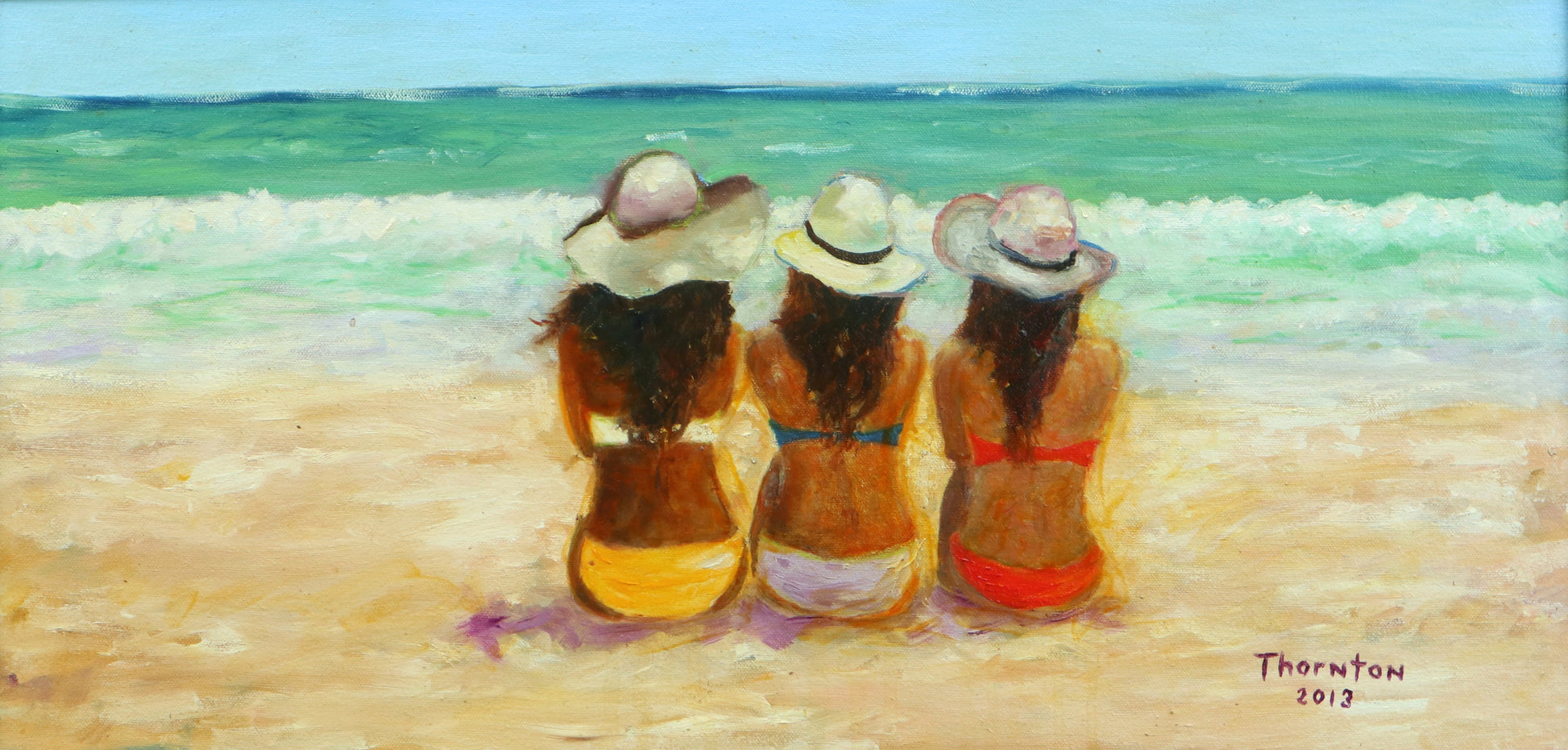 Original oil painting of three women seated on the beach facing the Gulf by Joel Thornton