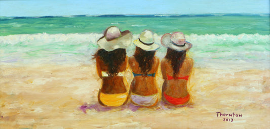 Original oil painting of three women seated on the beach facing the Gulf by Joel Thornton