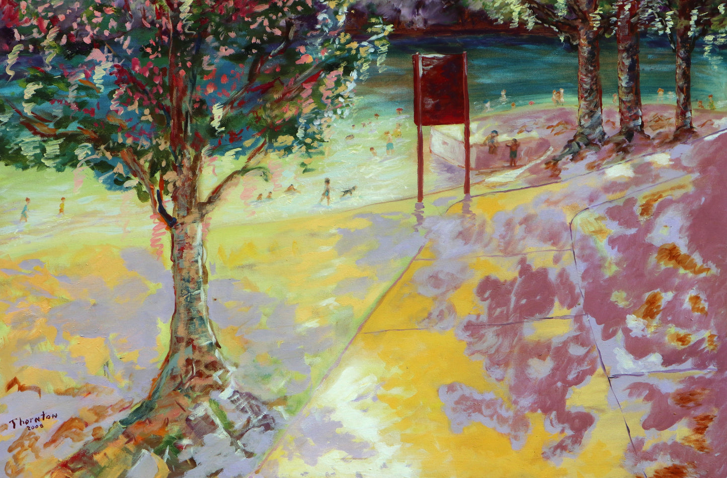 Original oil painting of families swimming at a Florida springs by Joel Thornton