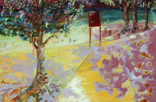 Original oil painting of families swimming at a Florida springs by Joel Thornton