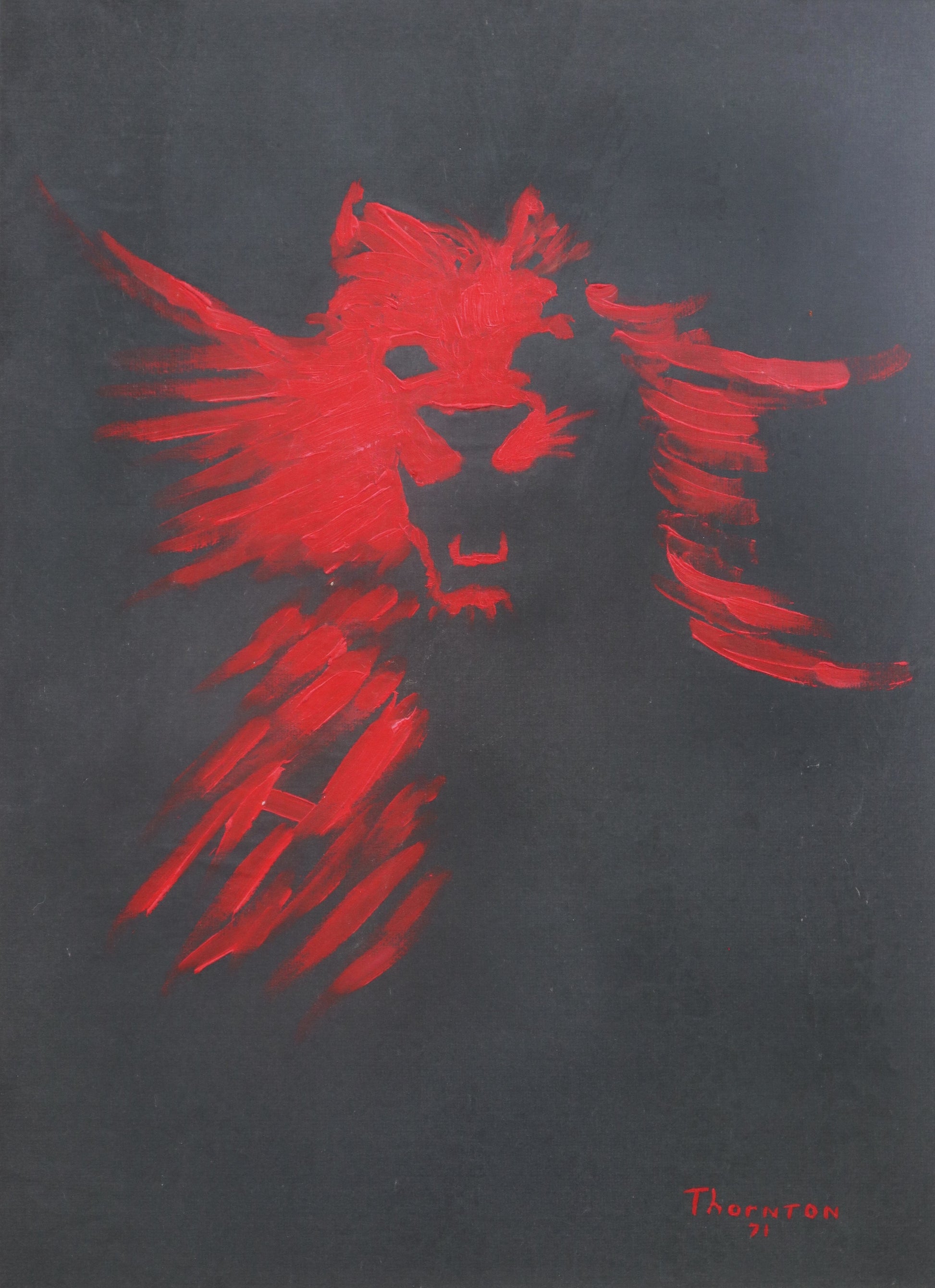 Original oil painting of a red lion's head in expressive brushstrokes by Joel Thornton