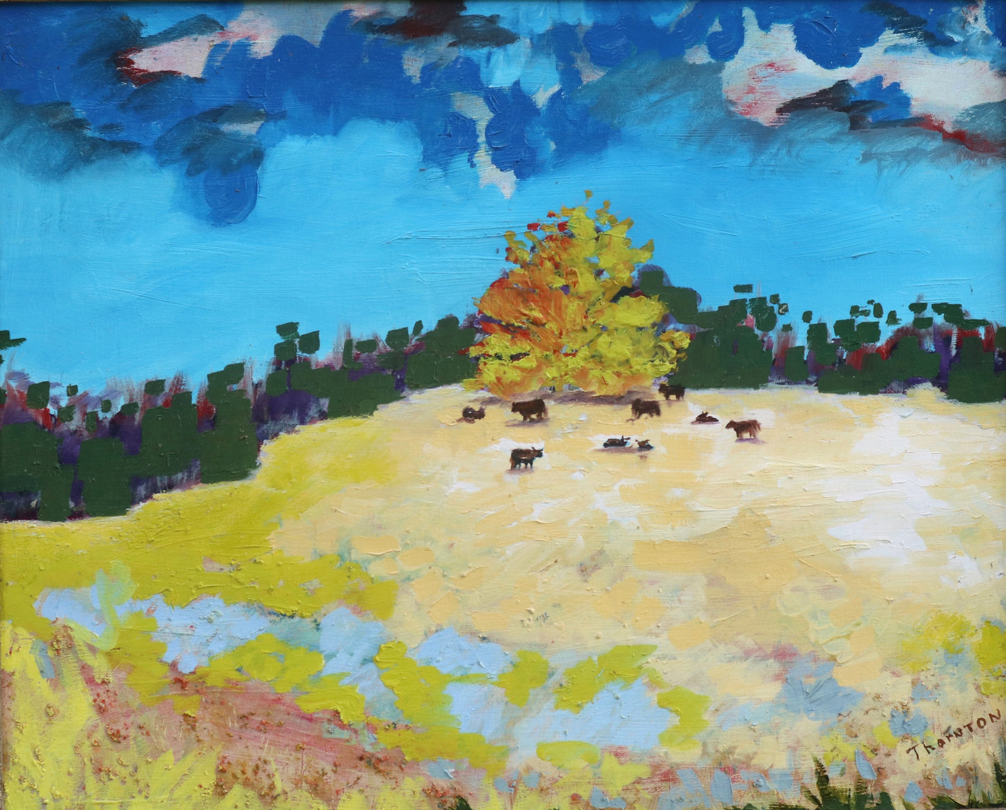 Original oil painting of cattle resting under a tree in an open field by Joel Thornton