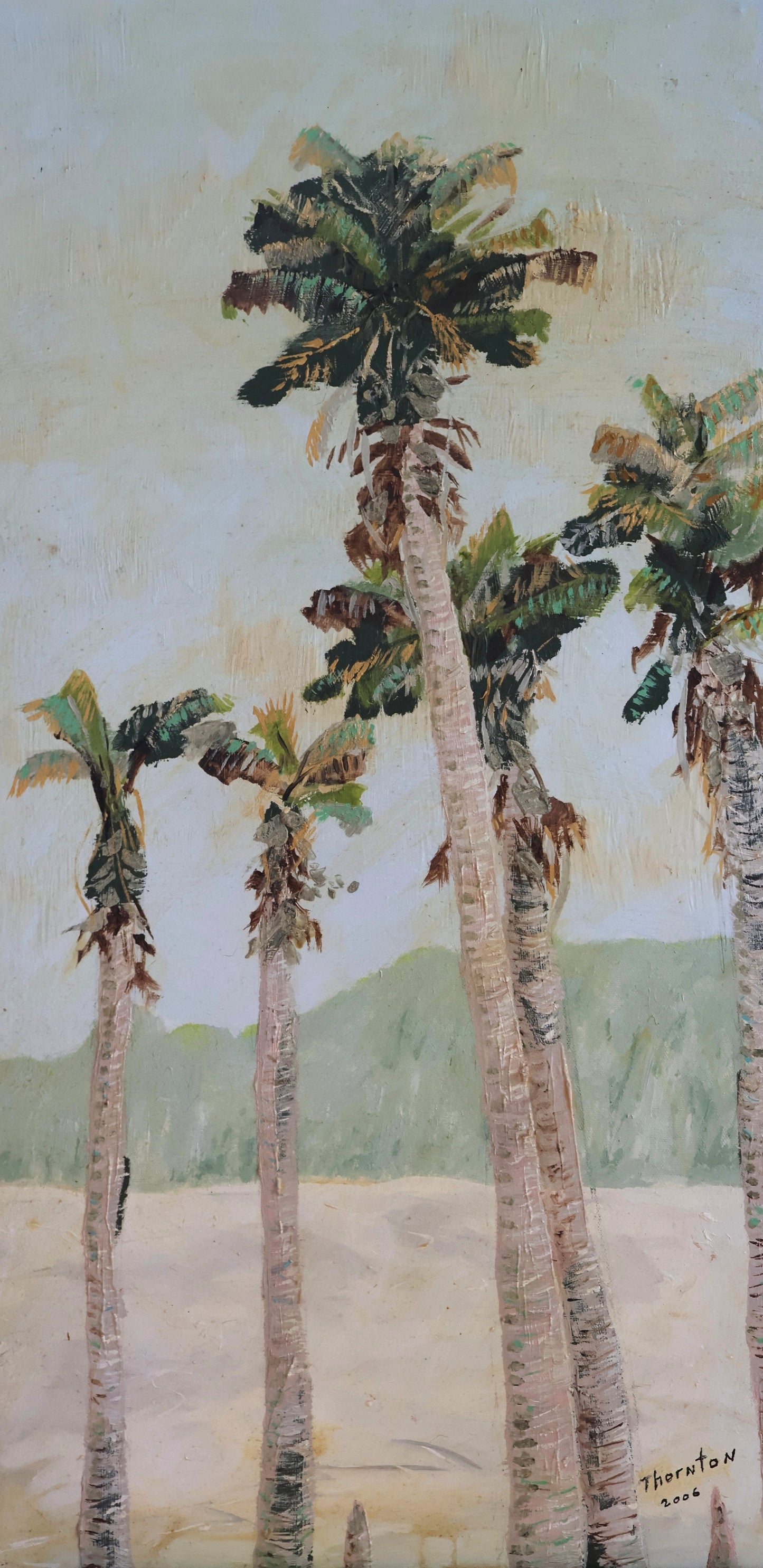 Original oil painting of palm trees along a quiet shoreline by Joel Thornton