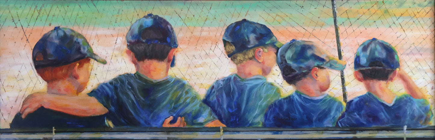 Original oil painting of boys watching a baseball game from the dugout by Joel Thornton