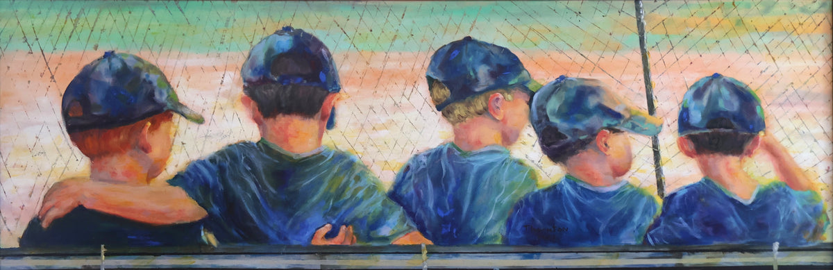 Original oil painting of boys watching a baseball game from the dugout by Joel Thornton