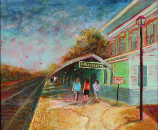 Original oil painting of women walking the historic Tallahassee train station platform by Joel Thornton