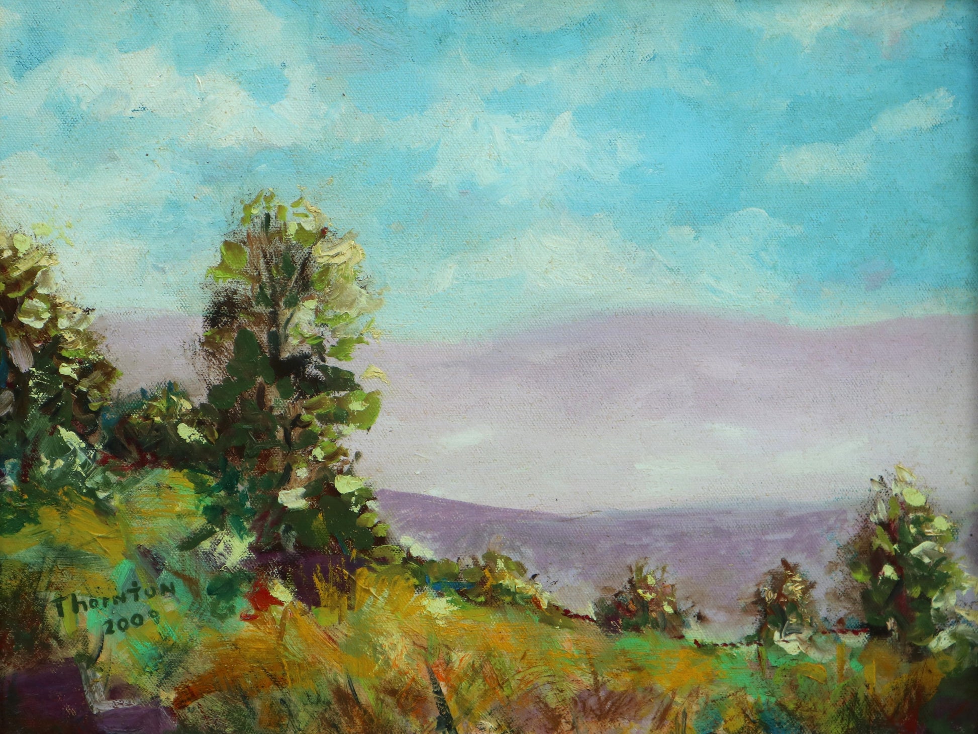 Original oil painting of a hilltop overlook facing a lavender valley by Joel Thornton