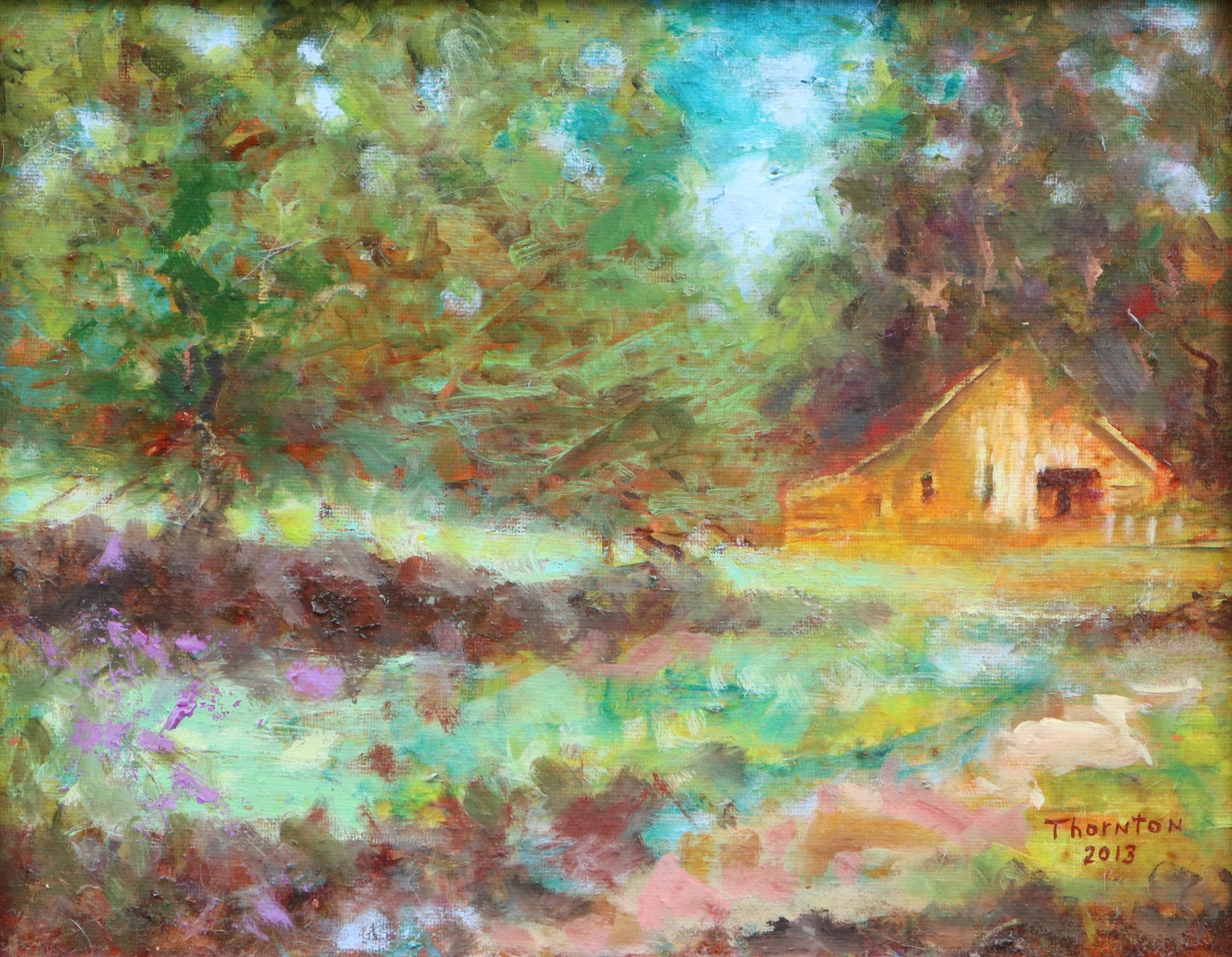 Original oil painting of a farmhouse glimpsed through trees by Joel Thornton
